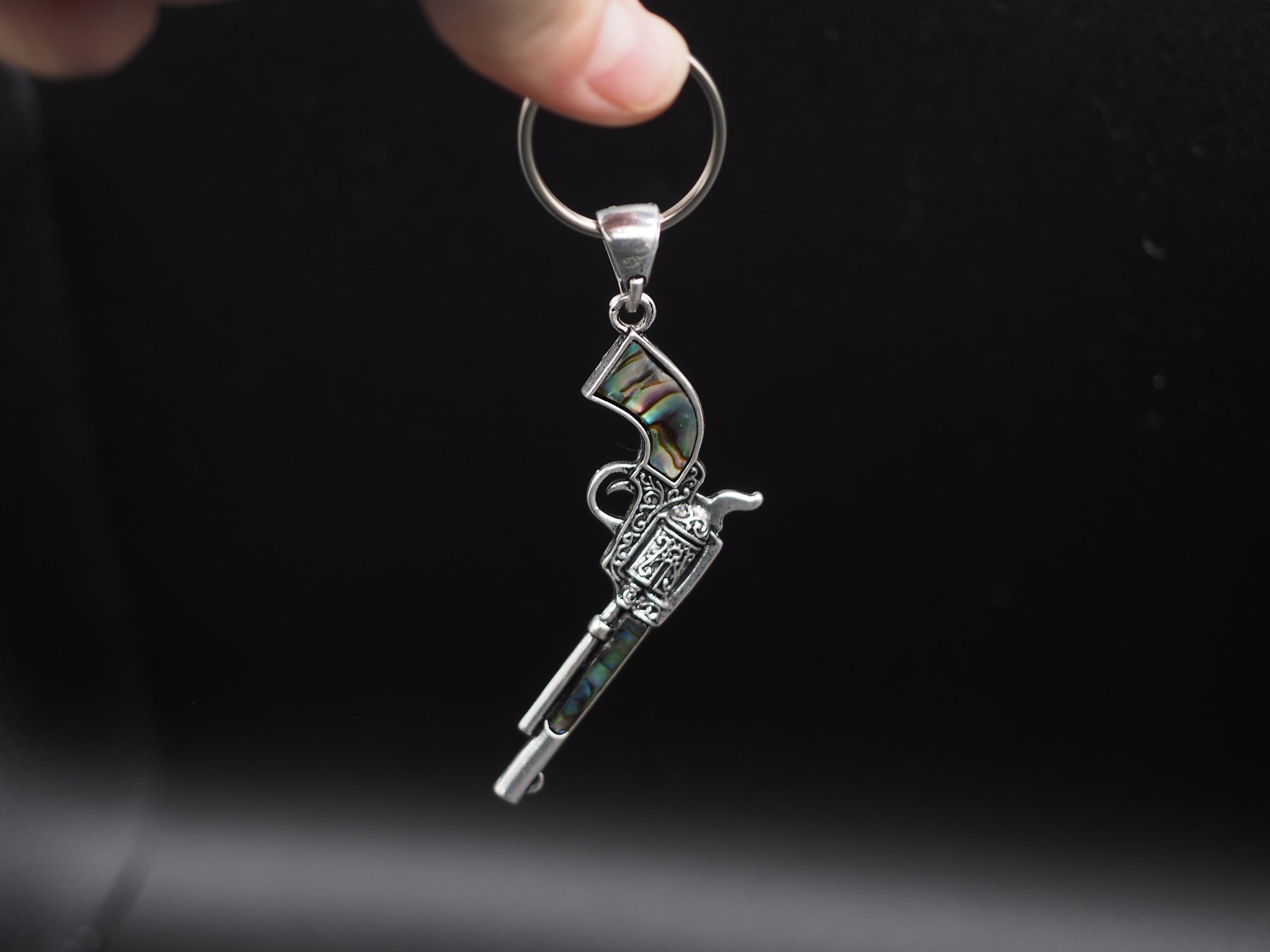 Colt Revolver Necklace Pendant Abalone Mother of Pearl Silver Plated