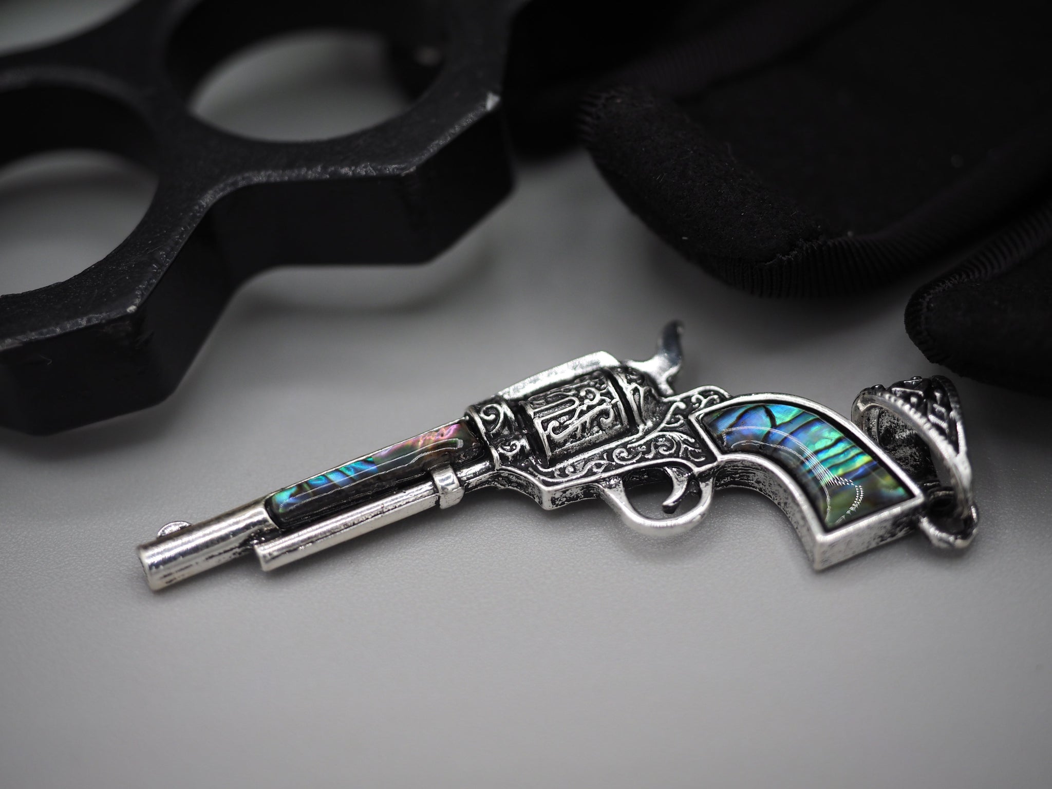 Colt Revolver Necklace Pendant Abalone Mother of Pearl Silver Plated