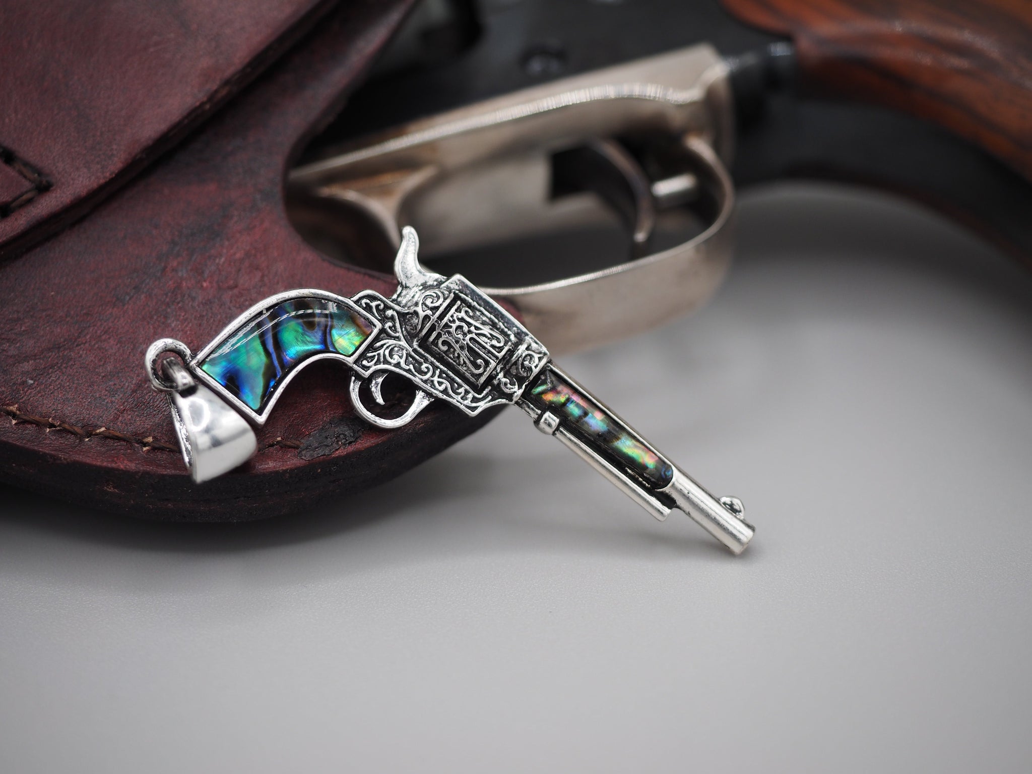 Colt Revolver Necklace Pendant Abalone Mother of Pearl Silver Plated